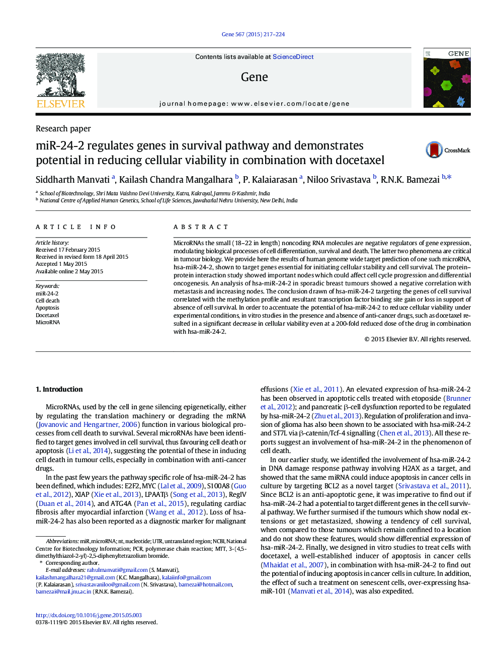 miR-24-2 regulates genes in survival pathway and demonstrates potential in reducing cellular viability in combination with docetaxel