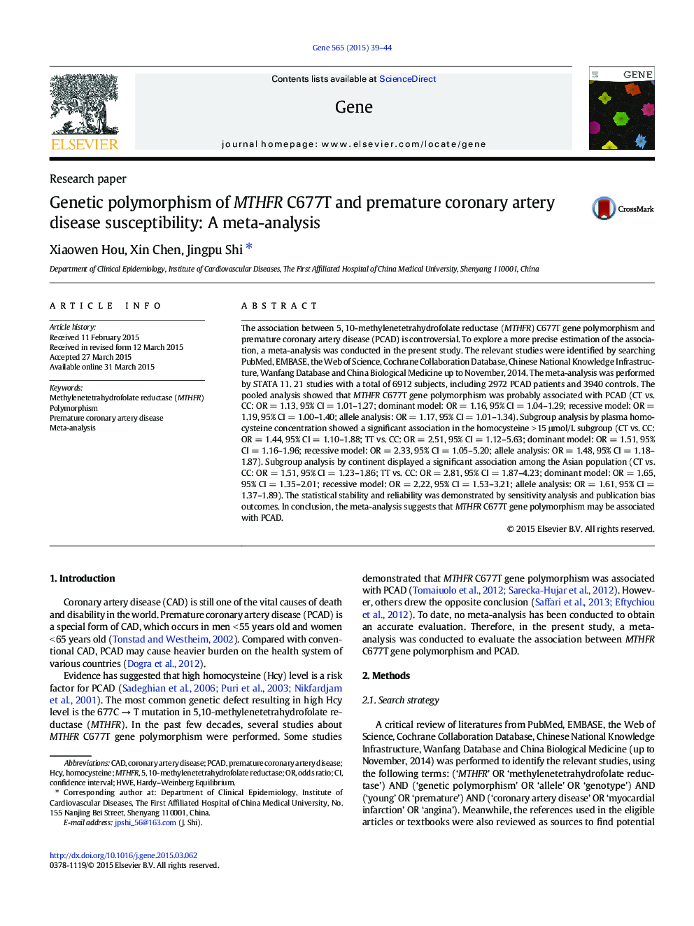 Genetic polymorphism of MTHFR C677T and premature coronary artery disease susceptibility: A meta-analysis