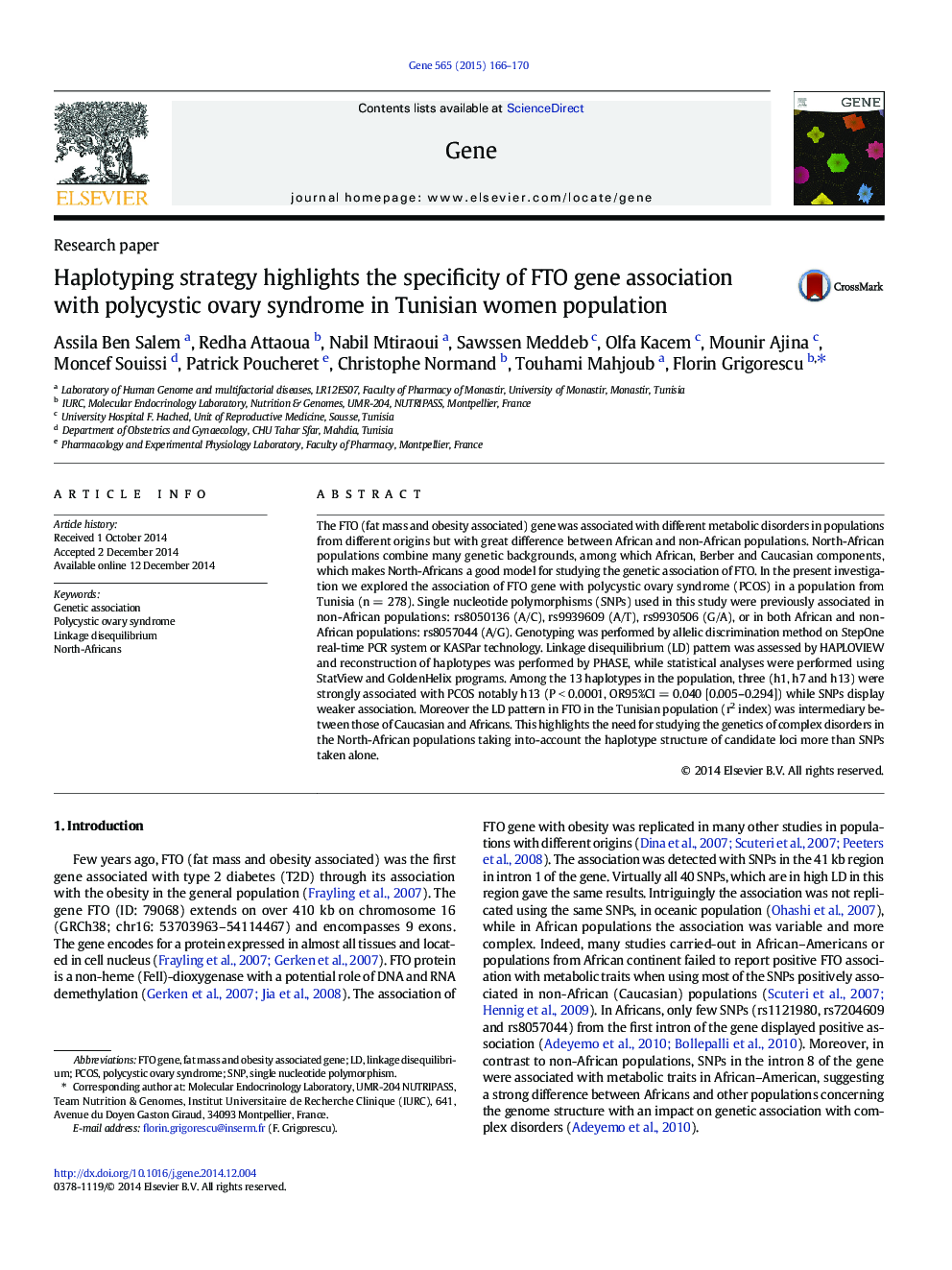 Haplotyping strategy highlights the specificity of FTO gene association with polycystic ovary syndrome in Tunisian women population