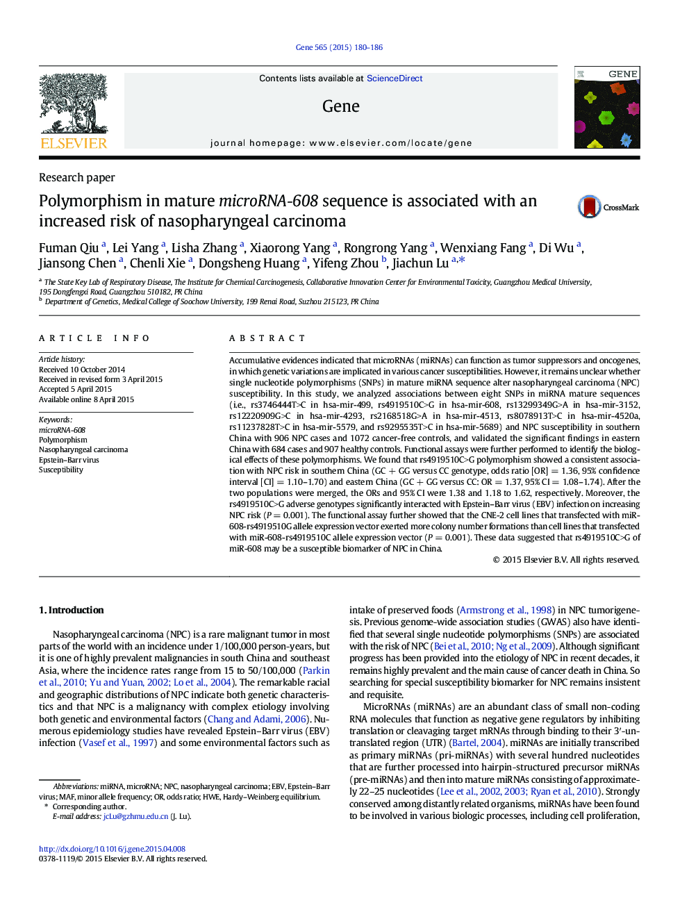 Polymorphism in mature microRNA-608 sequence is associated with an increased risk of nasopharyngeal carcinoma