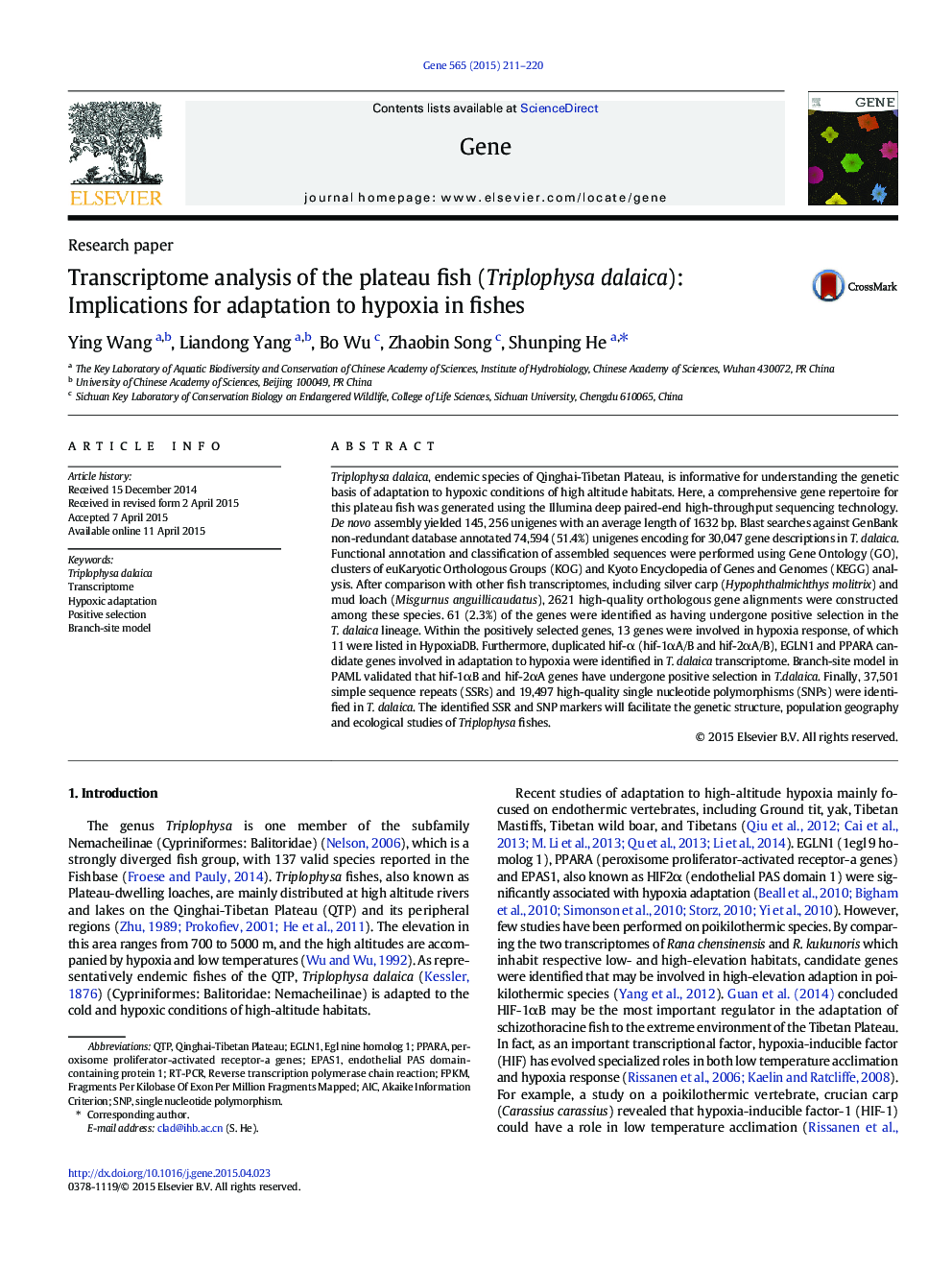 Transcriptome analysis of the plateau fish (Triplophysa dalaica): Implications for adaptation to hypoxia in fishes