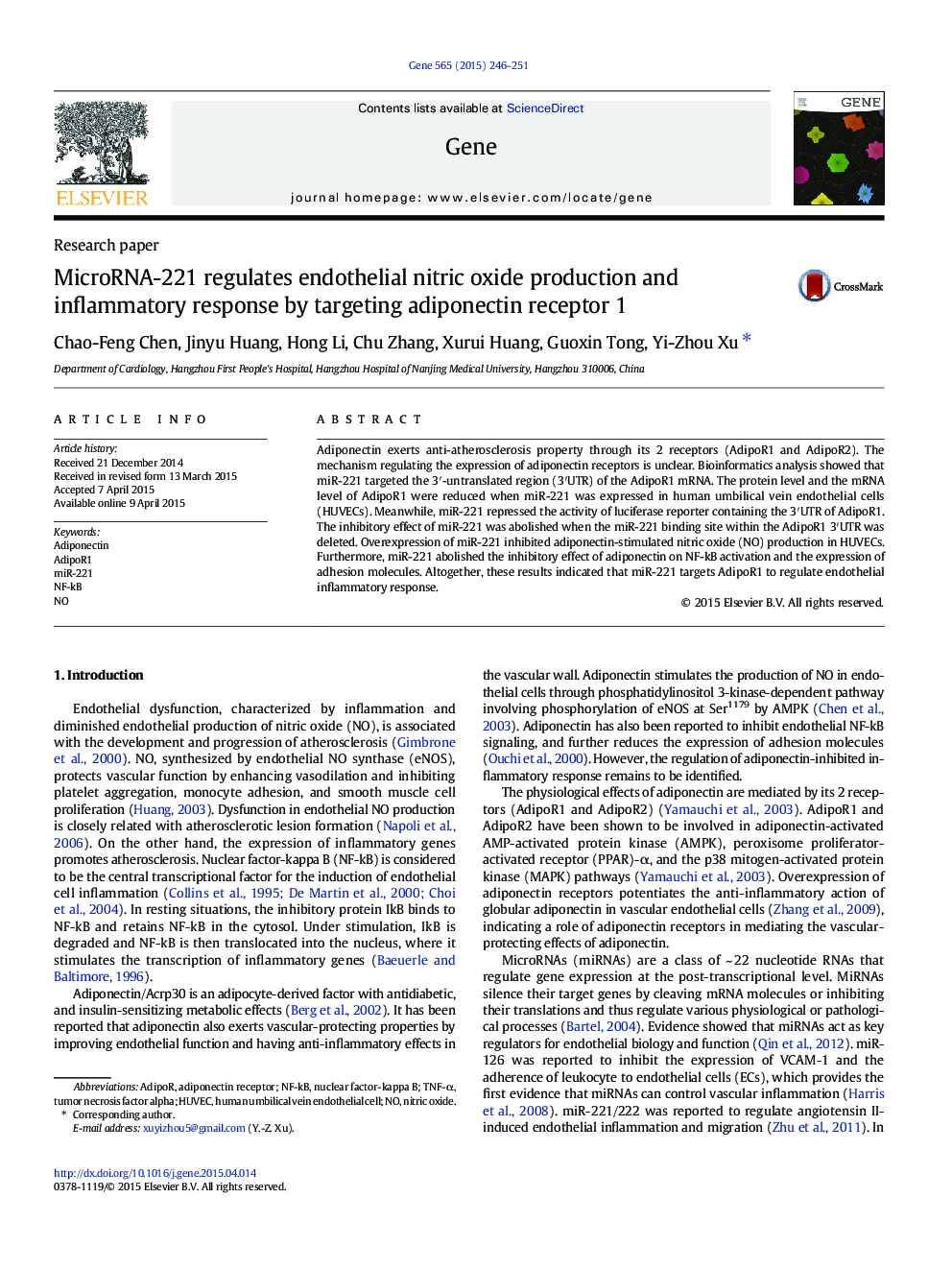 MicroRNA-221 regulates endothelial nitric oxide production and inflammatory response by targeting adiponectin receptor 1