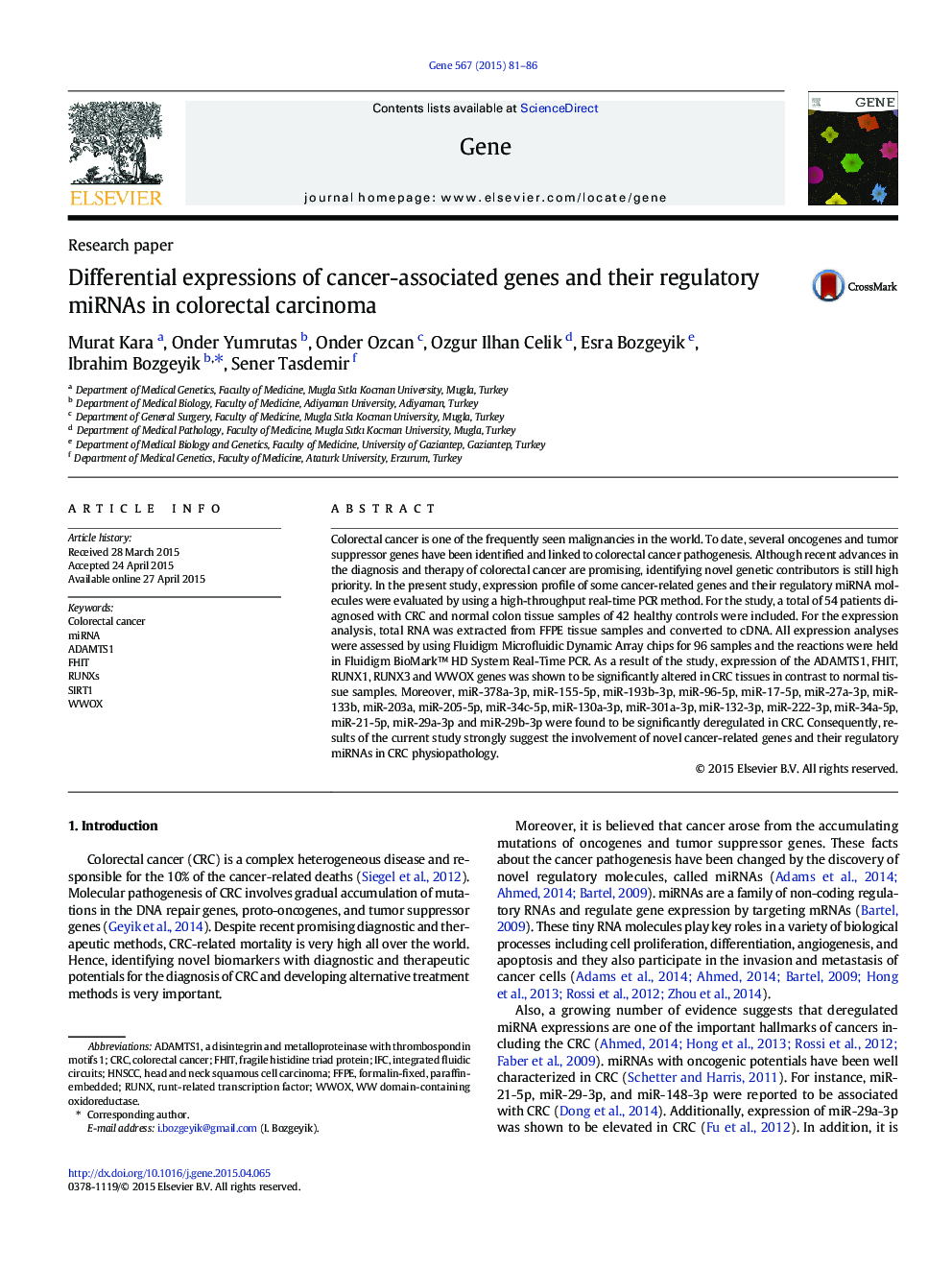 Differential expressions of cancer-associated genes and their regulatory miRNAs in colorectal carcinoma