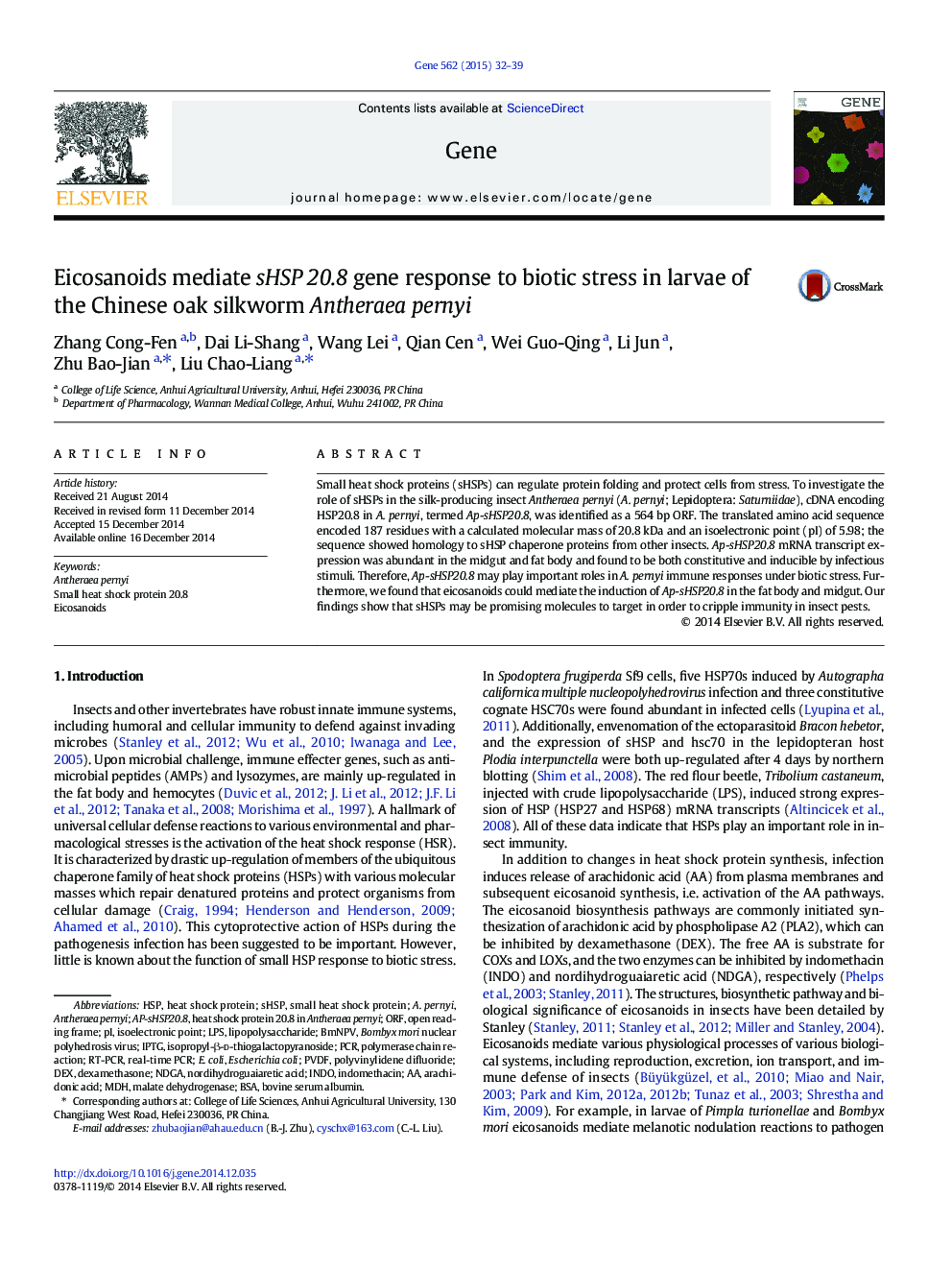 Eicosanoids mediate sHSP 20.8 gene response to biotic stress in larvae of the Chinese oak silkworm Antheraea pernyi