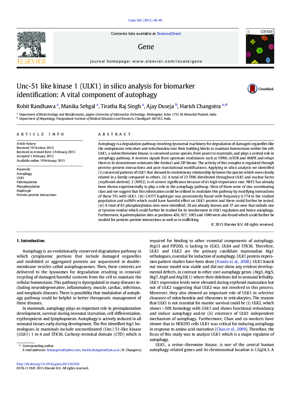 Unc-51 like kinase 1 (ULK1) in silico analysis for biomarker identification: A vital component of autophagy