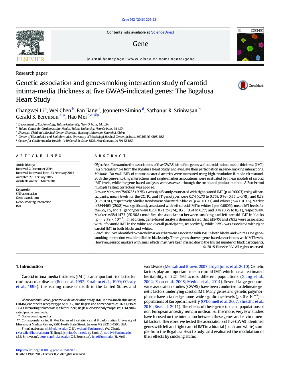 Genetic association and gene-smoking interaction study of carotid intima-media thickness at five GWAS-indicated genes: The Bogalusa Heart Study