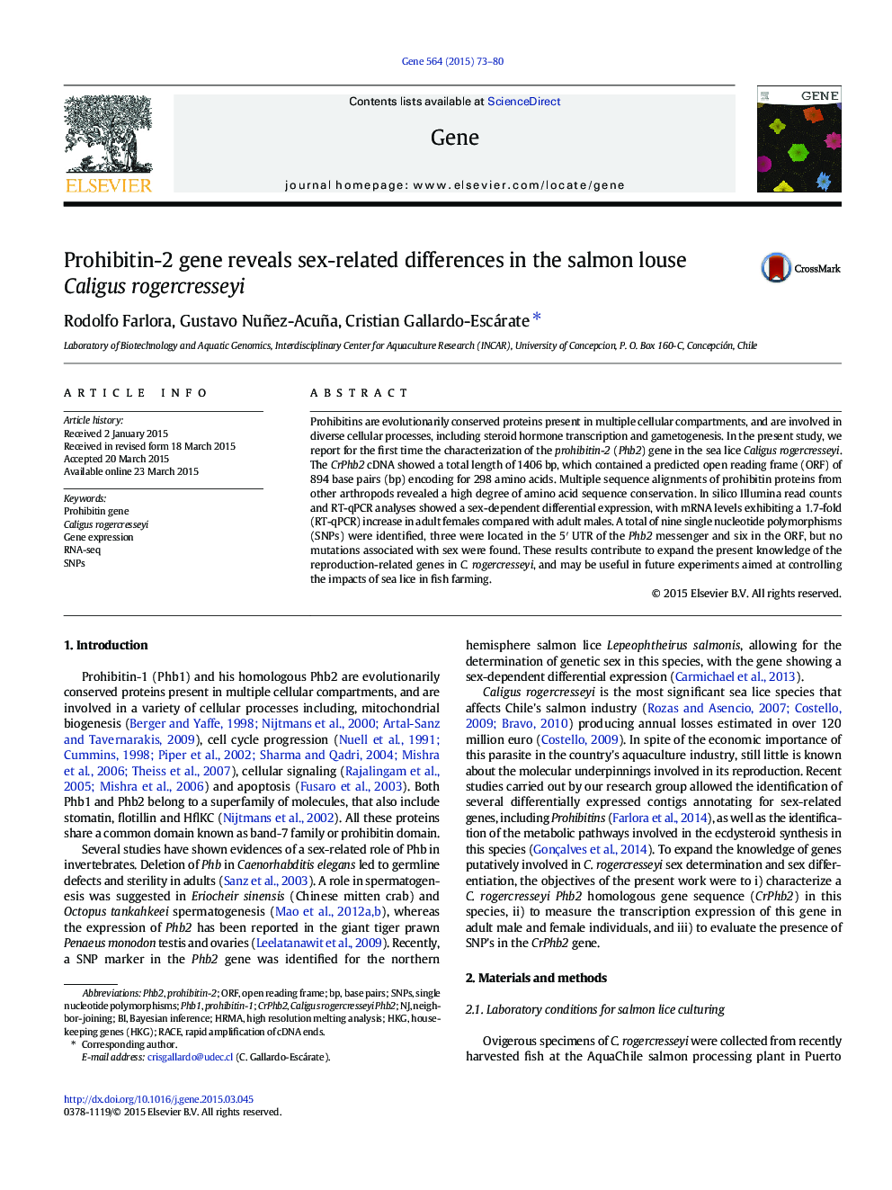 Prohibitin-2 gene reveals sex-related differences in the salmon louse Caligus rogercresseyi