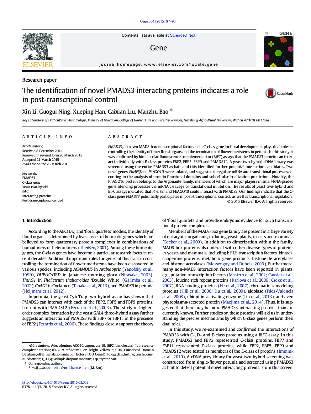 The identification of novel PMADS3 interacting proteins indicates a role in post-transcriptional control