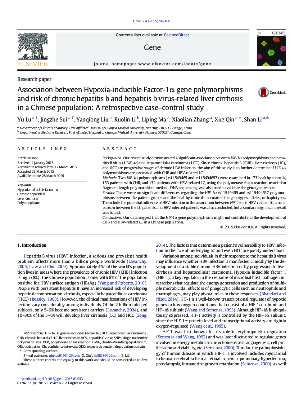 Association between Hypoxia-inducible Factor-1α gene polymorphisms and risk of chronic hepatitis b and hepatitis b virus-related liver cirrhosis in a Chinese population: A retrospective case–control study