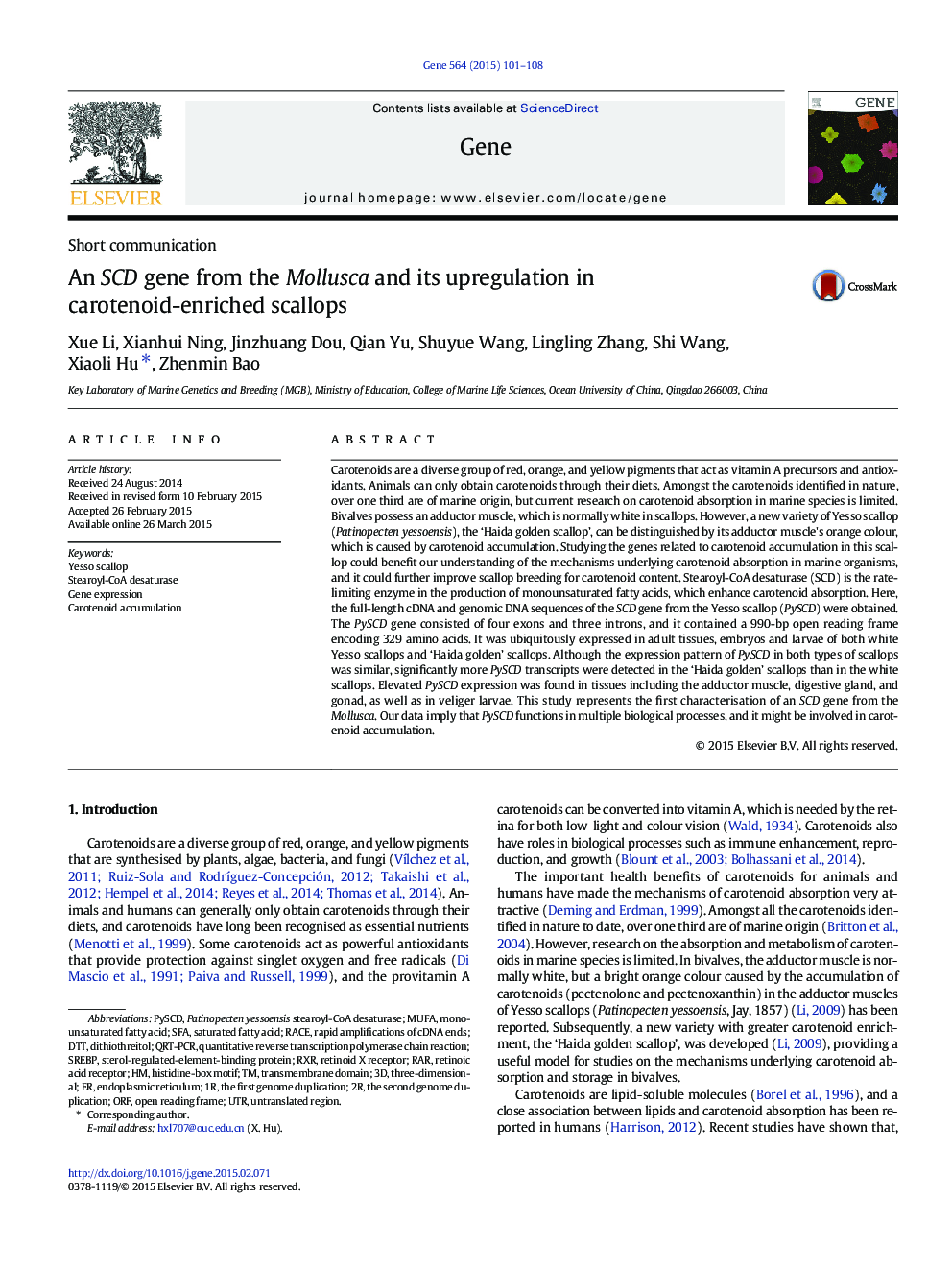 An SCD gene from the Mollusca and its upregulation in carotenoid-enriched scallops