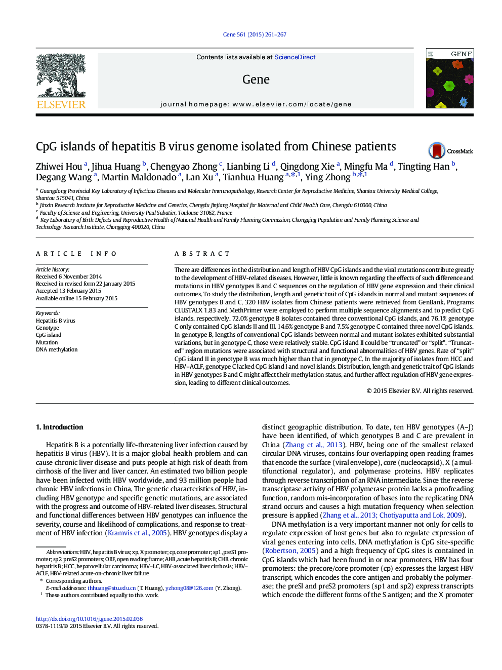 CpG islands of hepatitis B virus genome isolated from Chinese patients