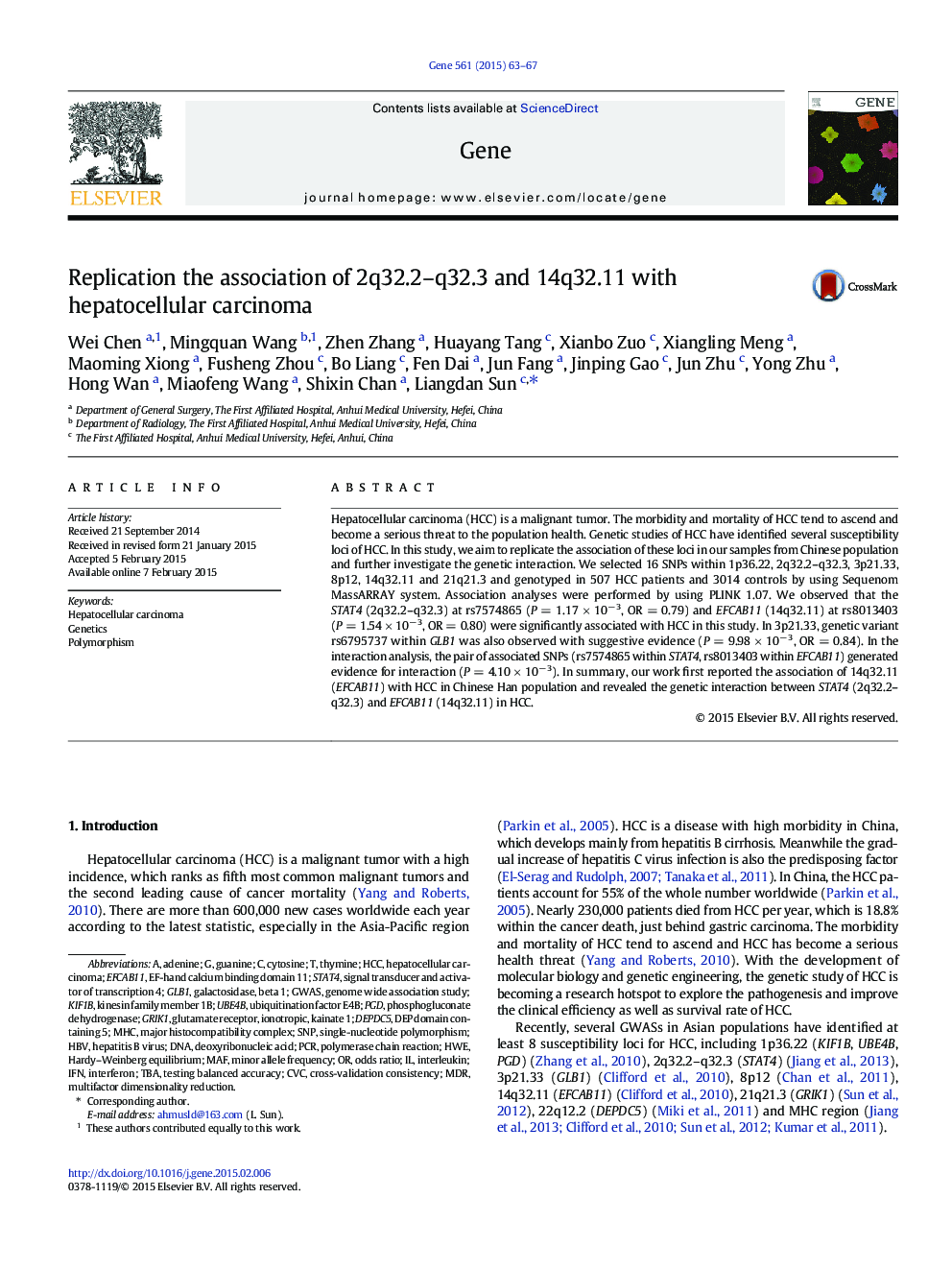 Replication the association of 2q32.2–q32.3 and 14q32.11 with hepatocellular carcinoma