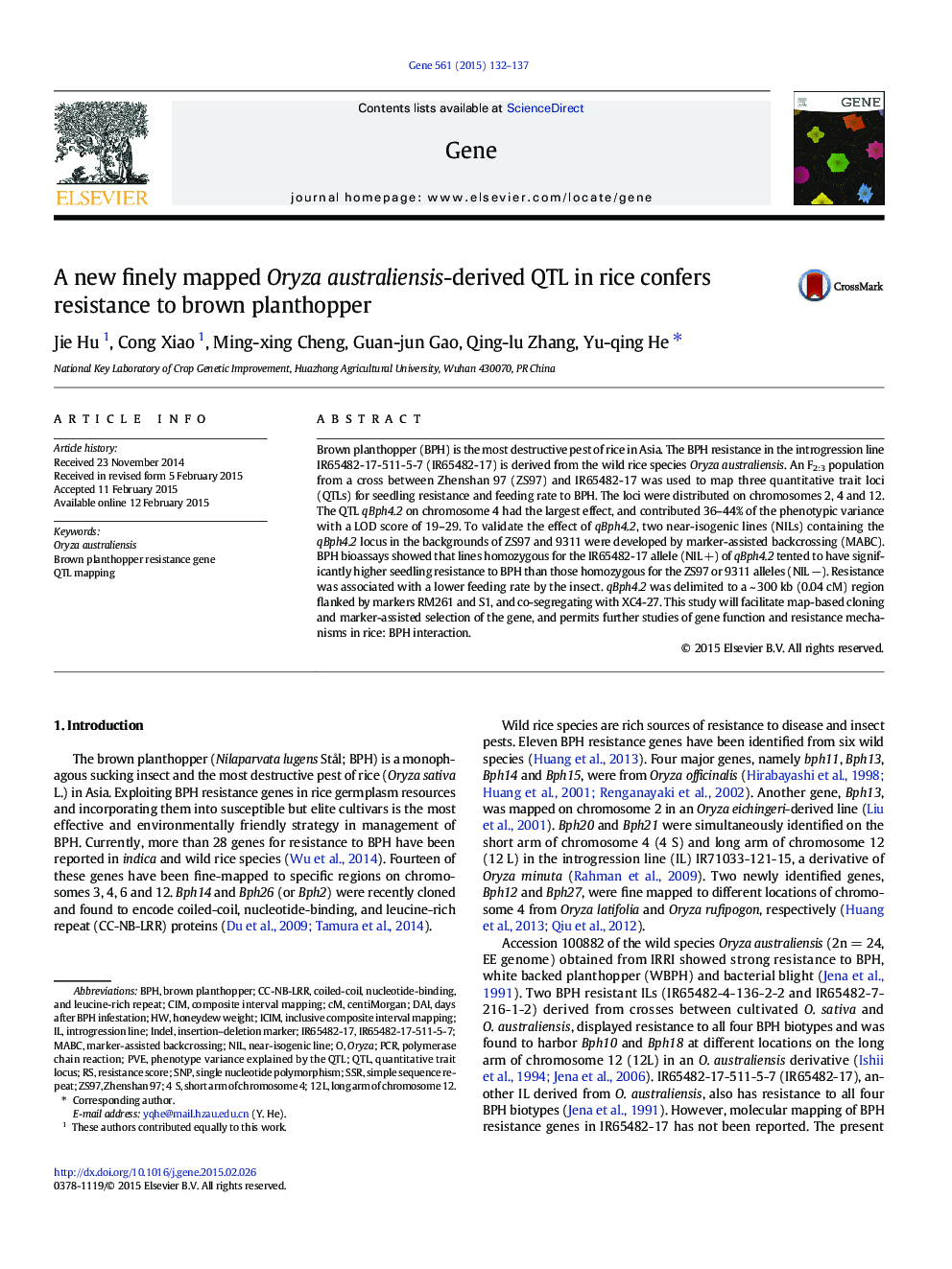 A new finely mapped Oryza australiensis-derived QTL in rice confers resistance to brown planthopper