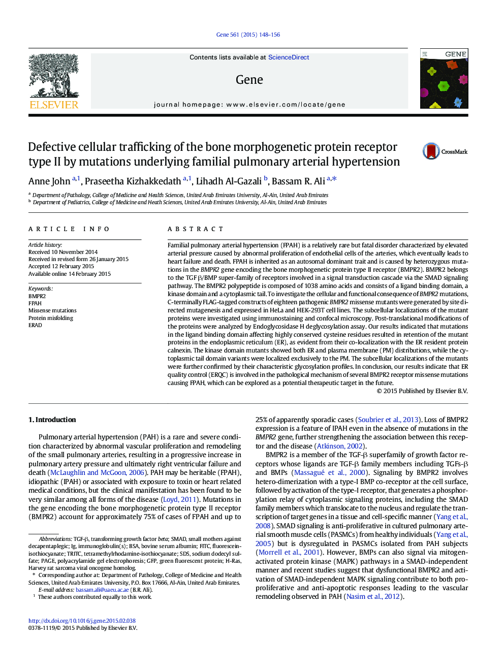 Defective cellular trafficking of the bone morphogenetic protein receptor type II by mutations underlying familial pulmonary arterial hypertension