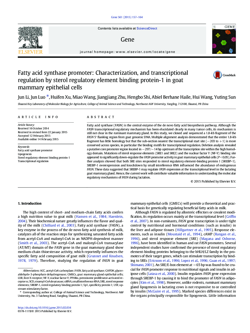 Fatty acid synthase promoter: Characterization, and transcriptional regulation by sterol regulatory element binding protein-1 in goat mammary epithelial cells