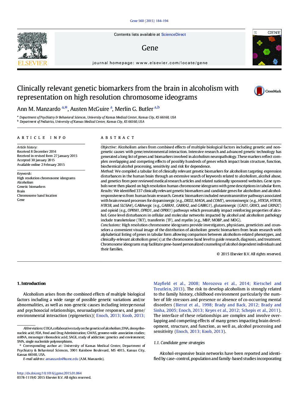 Clinically relevant genetic biomarkers from the brain in alcoholism with representation on high resolution chromosome ideograms