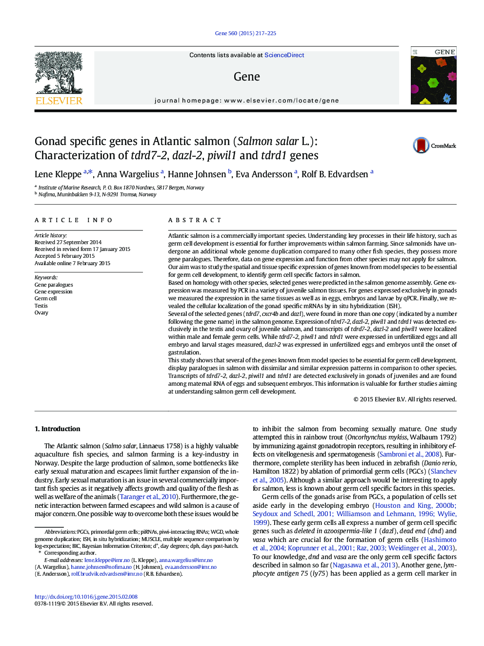 Gonad specific genes in Atlantic salmon (Salmon salar L.): Characterization of tdrd7-2, dazl-2, piwil1 and tdrd1 genes