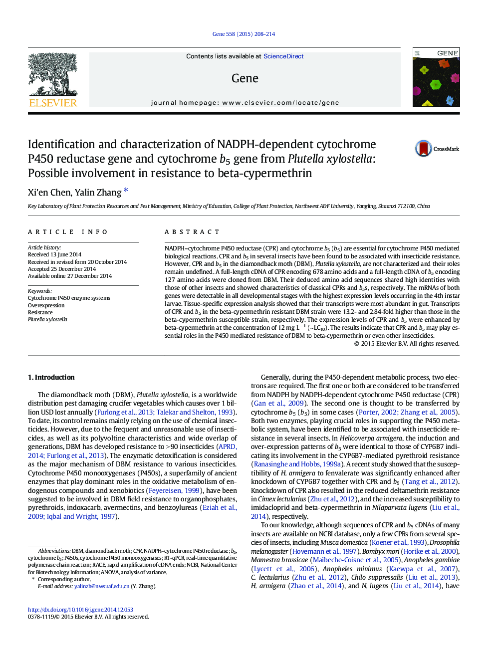 Identification and characterization of NADPH-dependent cytochrome P450 reductase gene and cytochrome b5 gene from Plutella xylostella: Possible involvement in resistance to beta-cypermethrin