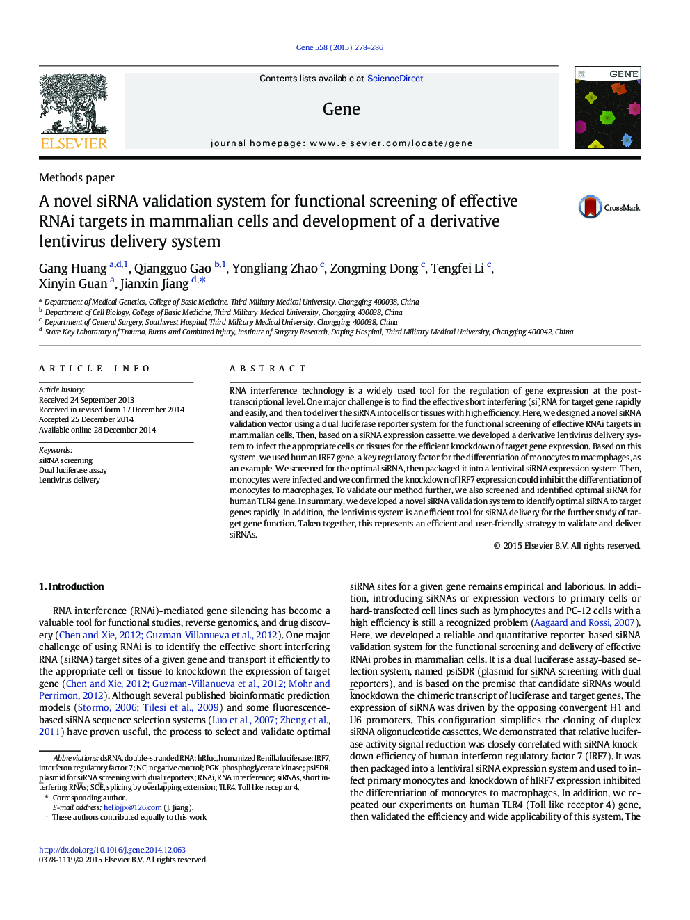 A novel siRNA validation system for functional screening of effective RNAi targets in mammalian cells and development of a derivative lentivirus delivery system