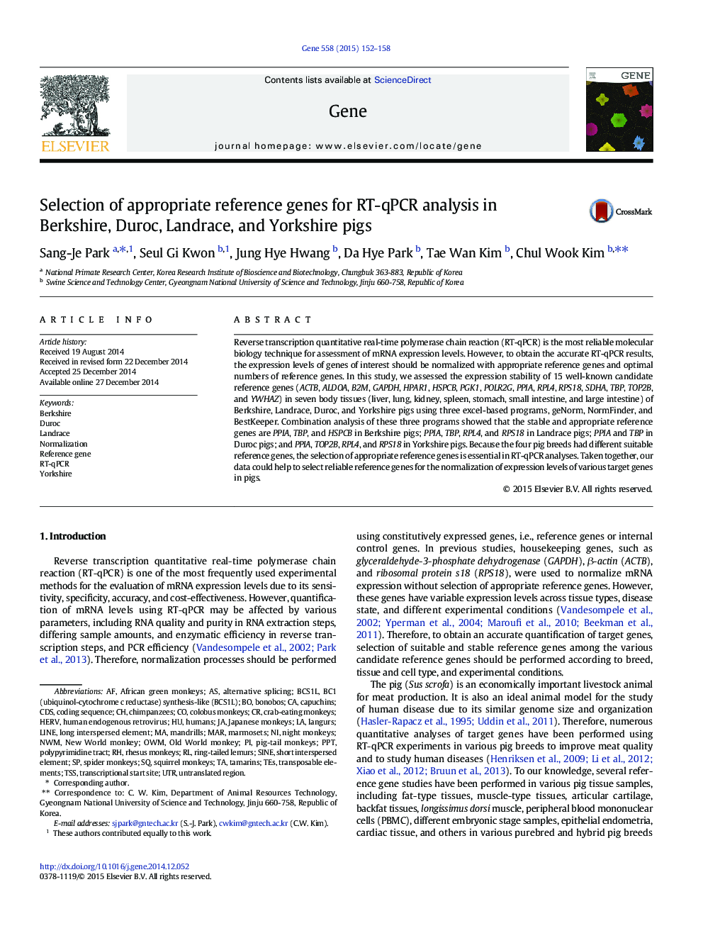 Selection of appropriate reference genes for RT-qPCR analysis in Berkshire, Duroc, Landrace, and Yorkshire pigs