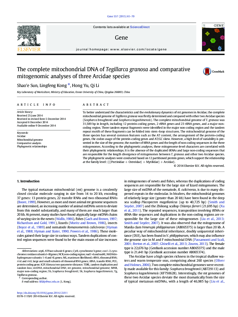 The complete mitochondrial DNA of Tegillarca granosa and comparative mitogenomic analyses of three Arcidae species