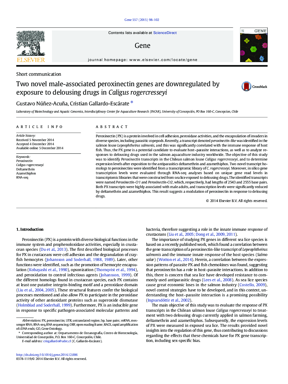Two novel male-associated peroxinectin genes are downregulated by exposure to delousing drugs in Caligus rogercresseyi