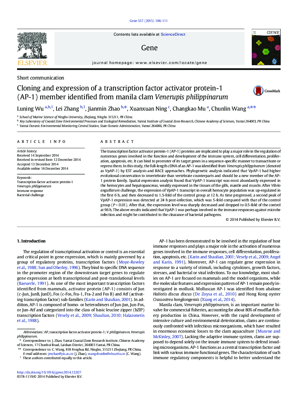 Cloning and expression of a transcription factor activator protein-1 (AP-1) member identified from manila clam Venerupis philippinarum