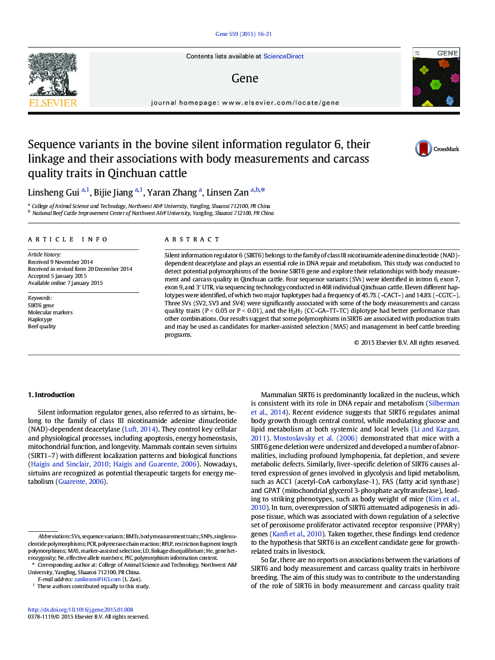 Sequence variants in the bovine silent information regulator 6, their linkage and their associations with body measurements and carcass quality traits in Qinchuan cattle