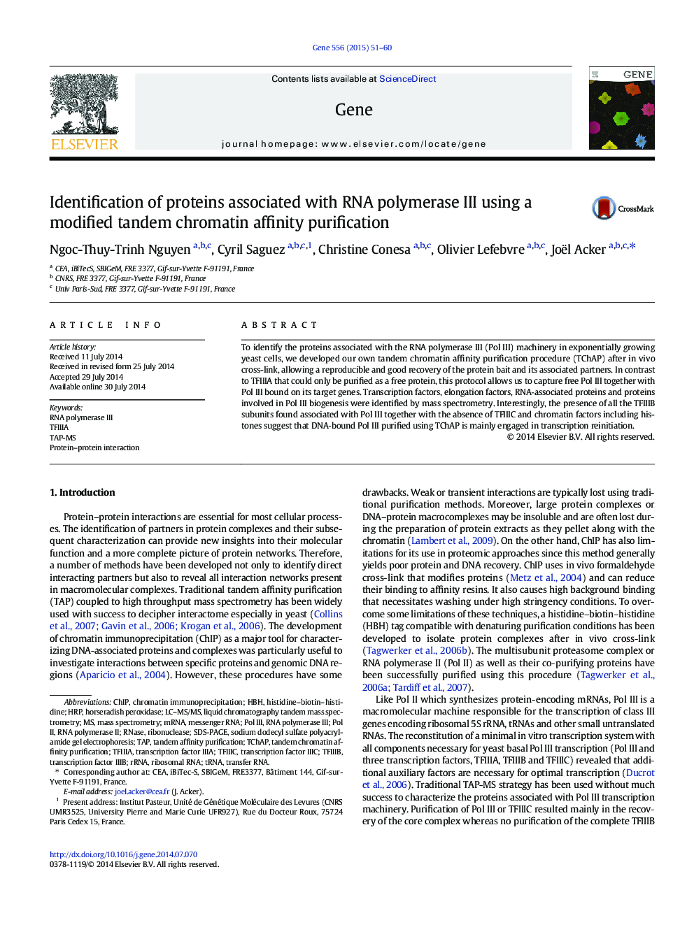 Identification of proteins associated with RNA polymerase III using a modified tandem chromatin affinity purification