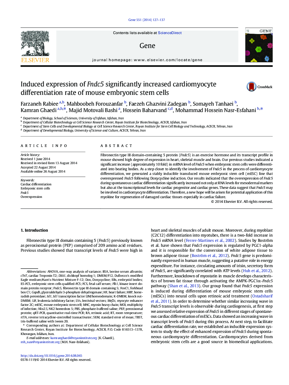 Induced expression of Fndc5 significantly increased cardiomyocyte differentiation rate of mouse embryonic stem cells