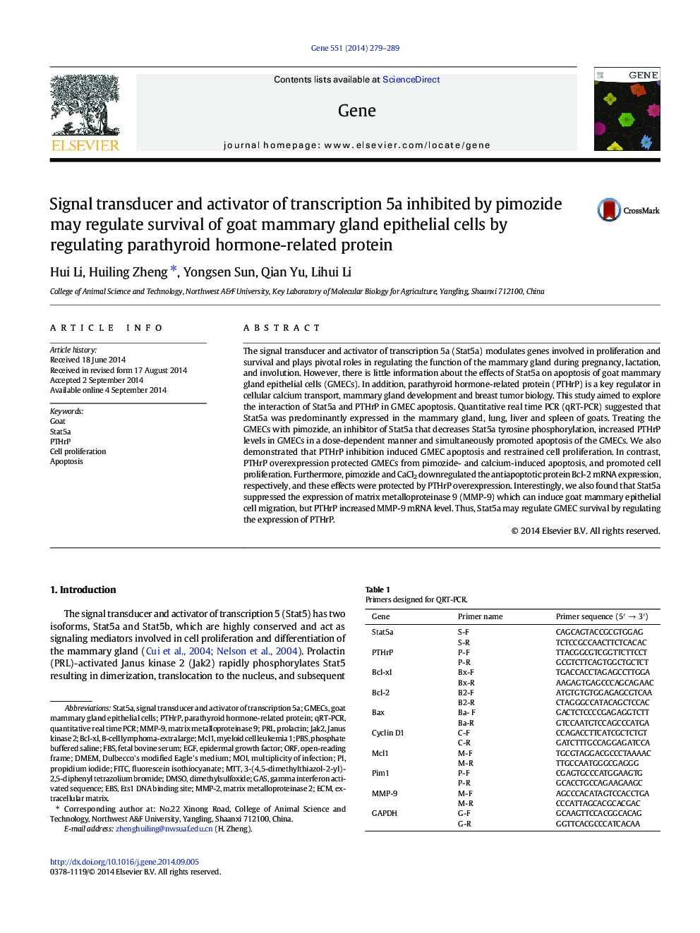 Signal transducer and activator of transcription 5a inhibited by pimozide may regulate survival of goat mammary gland epithelial cells by regulating parathyroid hormone-related protein