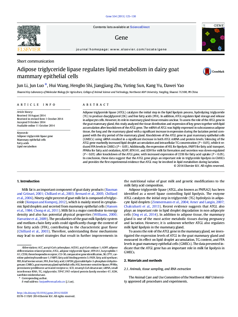 Adipose triglyceride lipase regulates lipid metabolism in dairy goat mammary epithelial cells