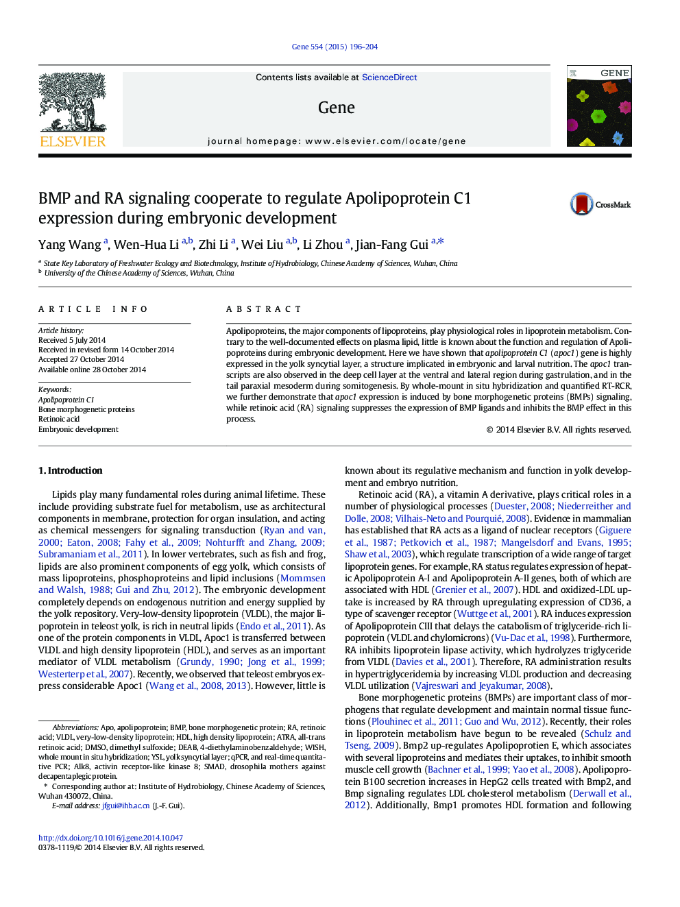 BMP and RA signaling cooperate to regulate Apolipoprotein C1 expression during embryonic development