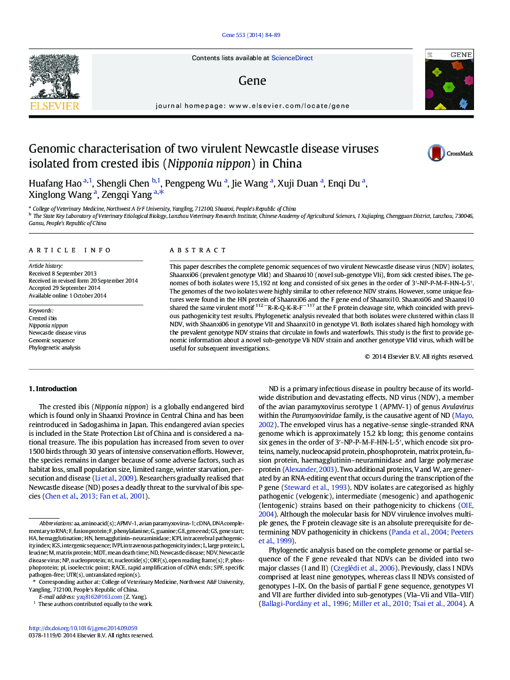 Genomic characterisation of two virulent Newcastle disease viruses isolated from crested ibis (Nipponia nippon) in China