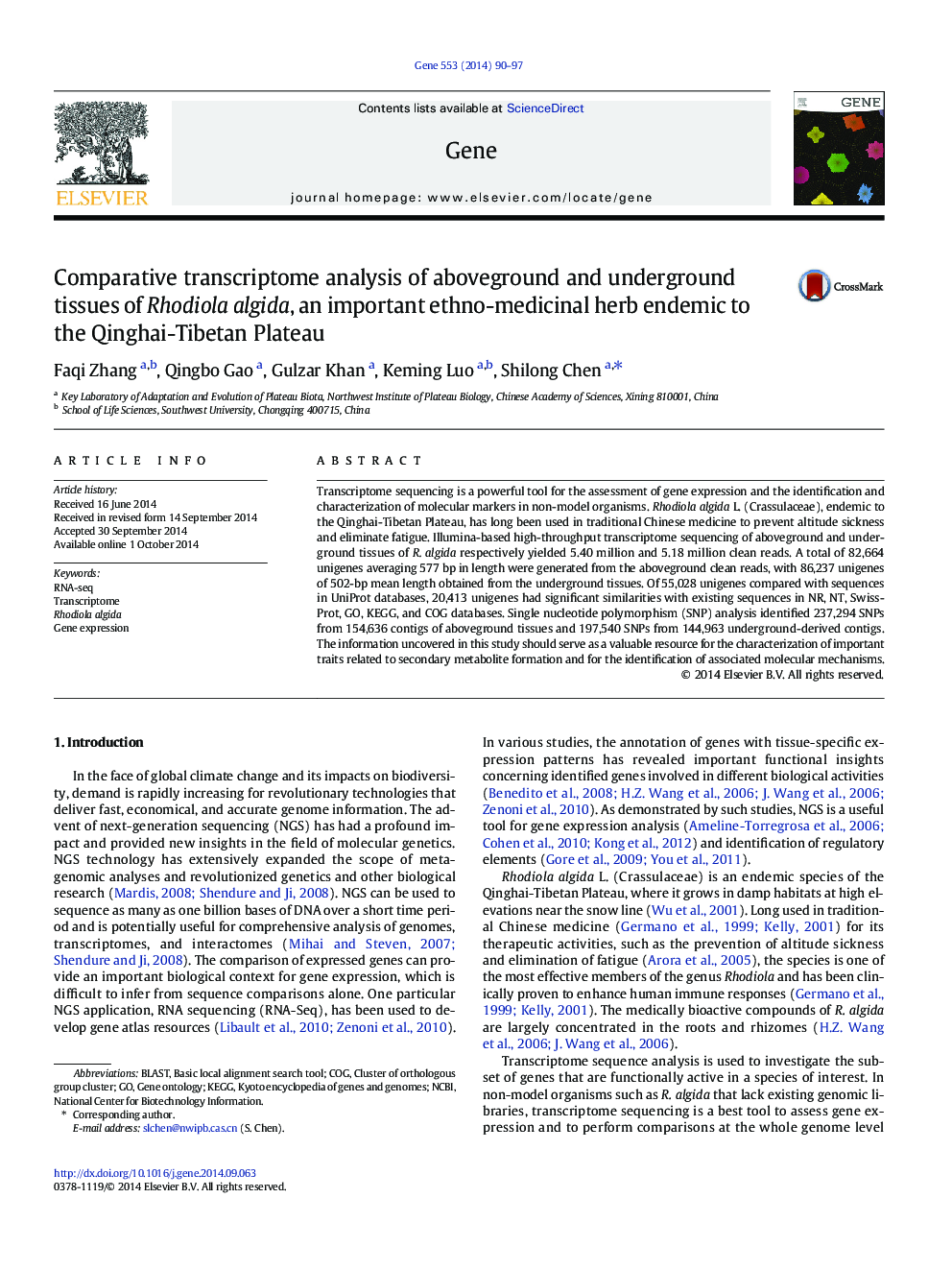 Comparative transcriptome analysis of aboveground and underground tissues of Rhodiola algida, an important ethno-medicinal herb endemic to the Qinghai-Tibetan Plateau