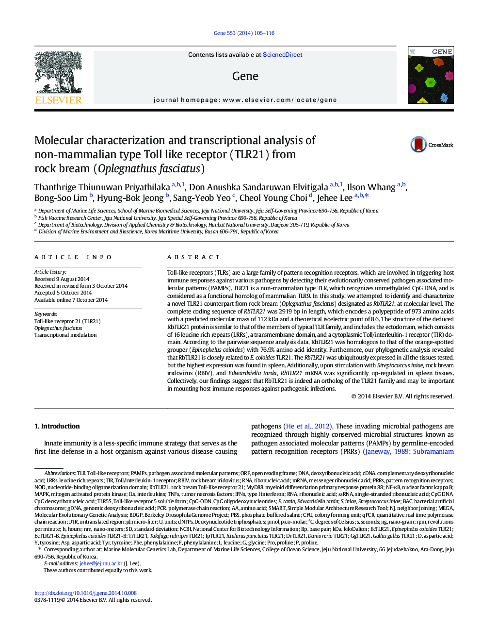 Molecular characterization and transcriptional analysis of non-mammalian type Toll like receptor (TLR21) from rock bream (Oplegnathus fasciatus)