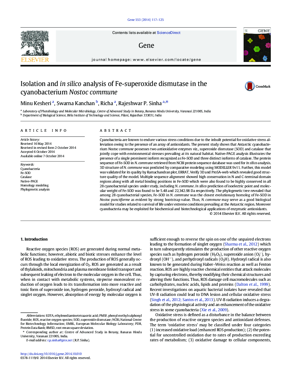 Isolation and in silico analysis of Fe-superoxide dismutase in the cyanobacterium Nostoc commune