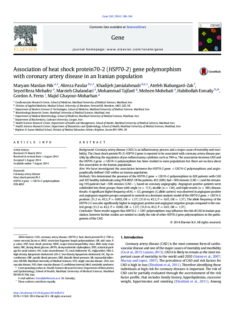 Association of heat shock protein70-2 (HSP70-2) gene polymorphism with coronary artery disease in an Iranian population