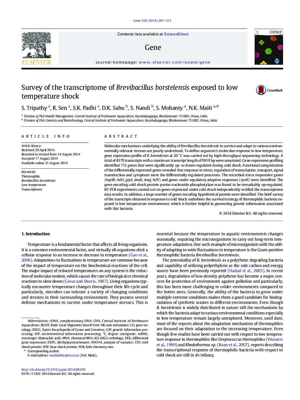 Survey of the transcriptome of Brevibacillus borstelensis exposed to low temperature shock