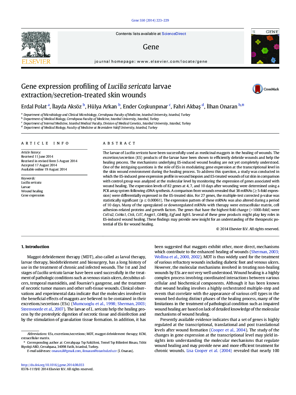 Gene expression profiling of Lucilia sericata larvae extraction/secretion-treated skin wounds