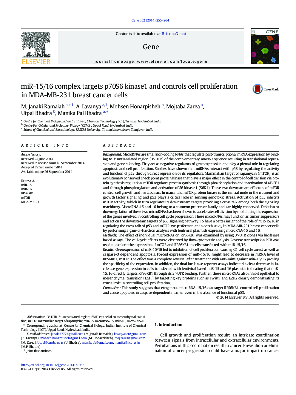 miR-15/16 complex targets p70S6 kinase1 and controls cell proliferation in MDA-MB-231 breast cancer cells