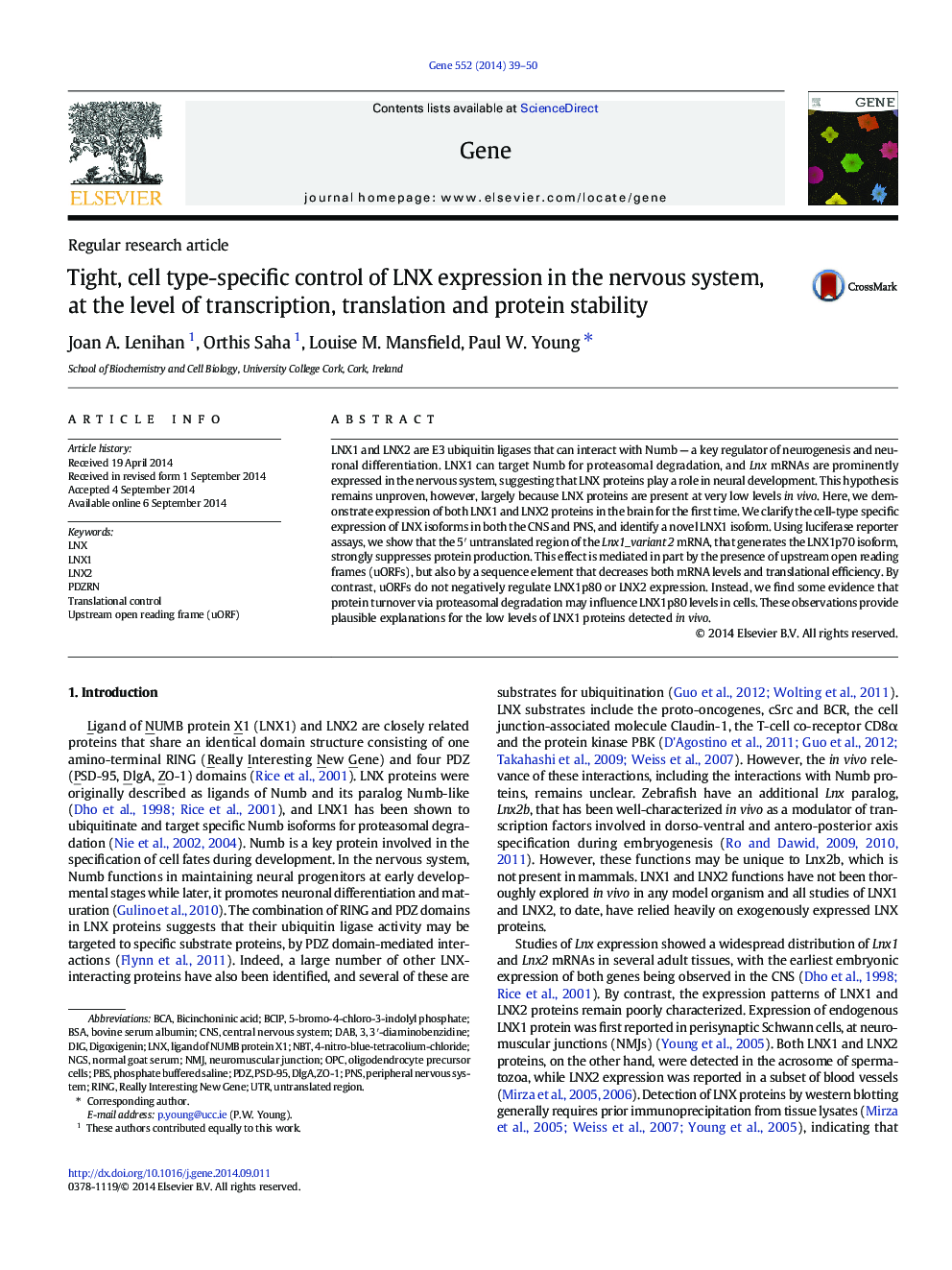 Tight, cell type-specific control of LNX expression in the nervous system, at the level of transcription, translation and protein stability