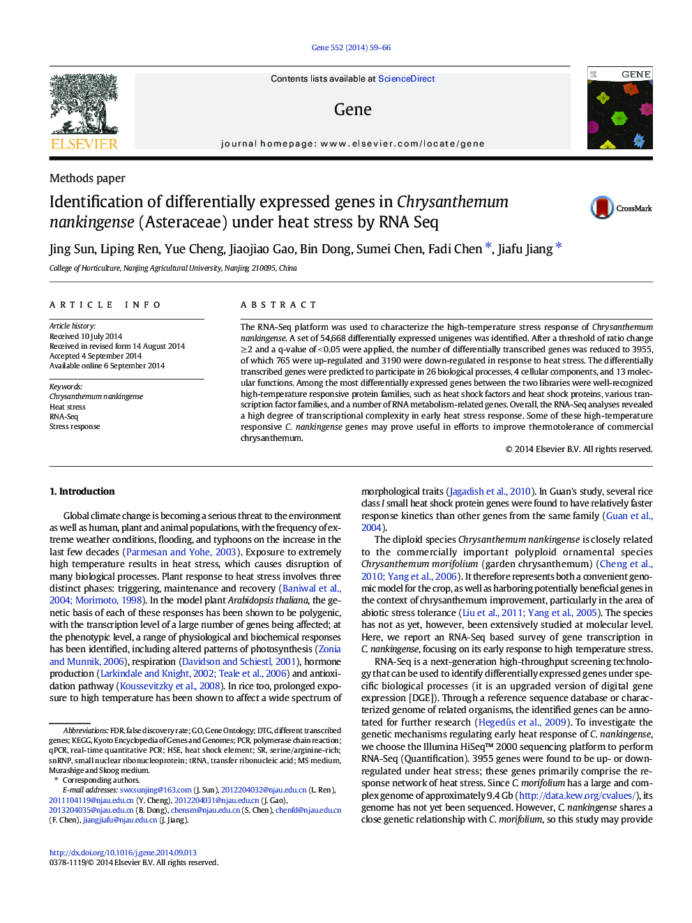 Identification of differentially expressed genes in Chrysanthemum nankingense (Asteraceae) under heat stress by RNA Seq