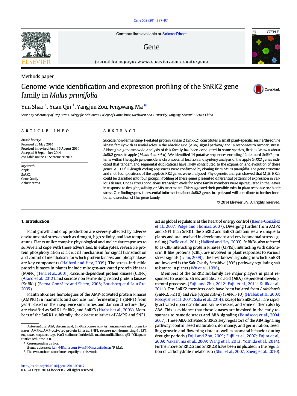 Genome-wide identification and expression profiling of the SnRK2 gene family in Malus prunifolia