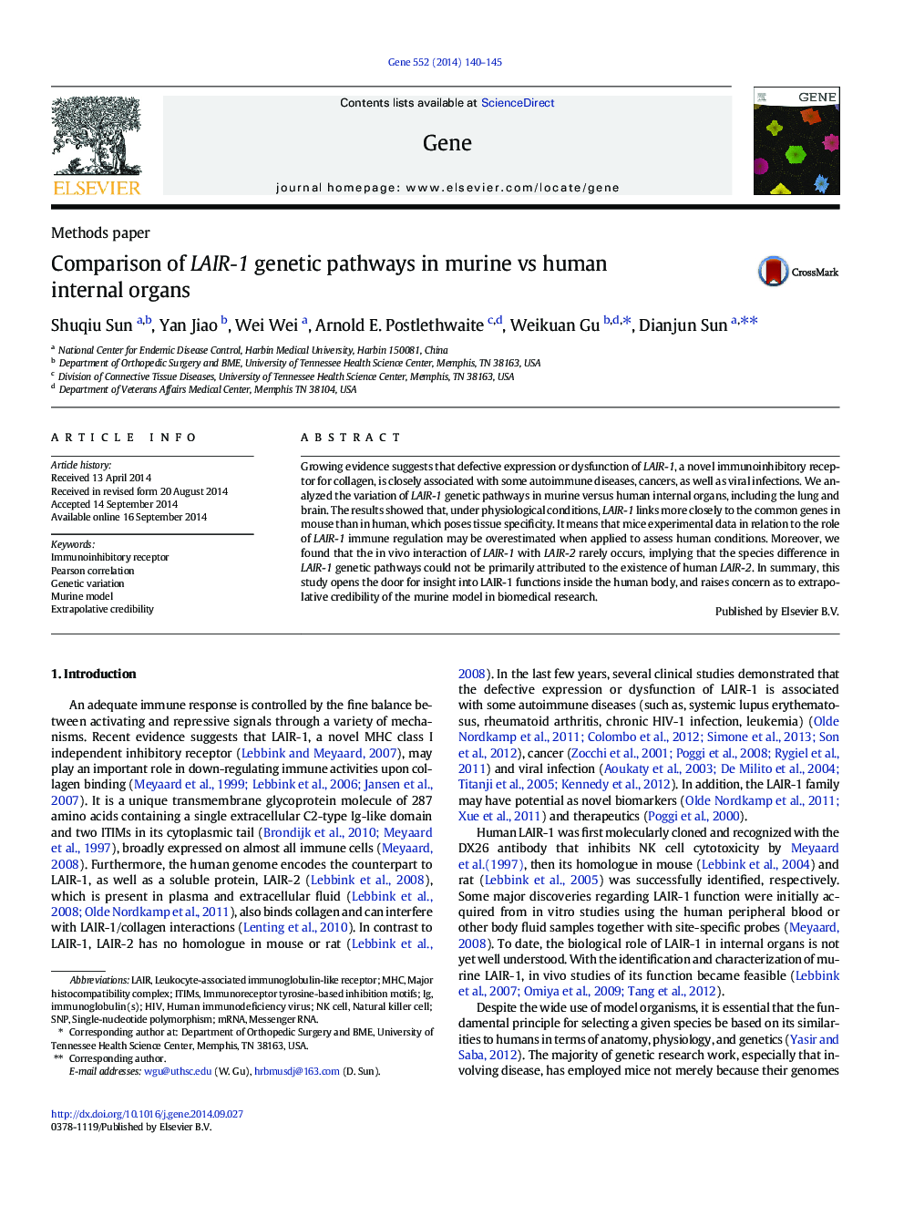 Comparison of LAIR-1 genetic pathways in murine vs human internal organs