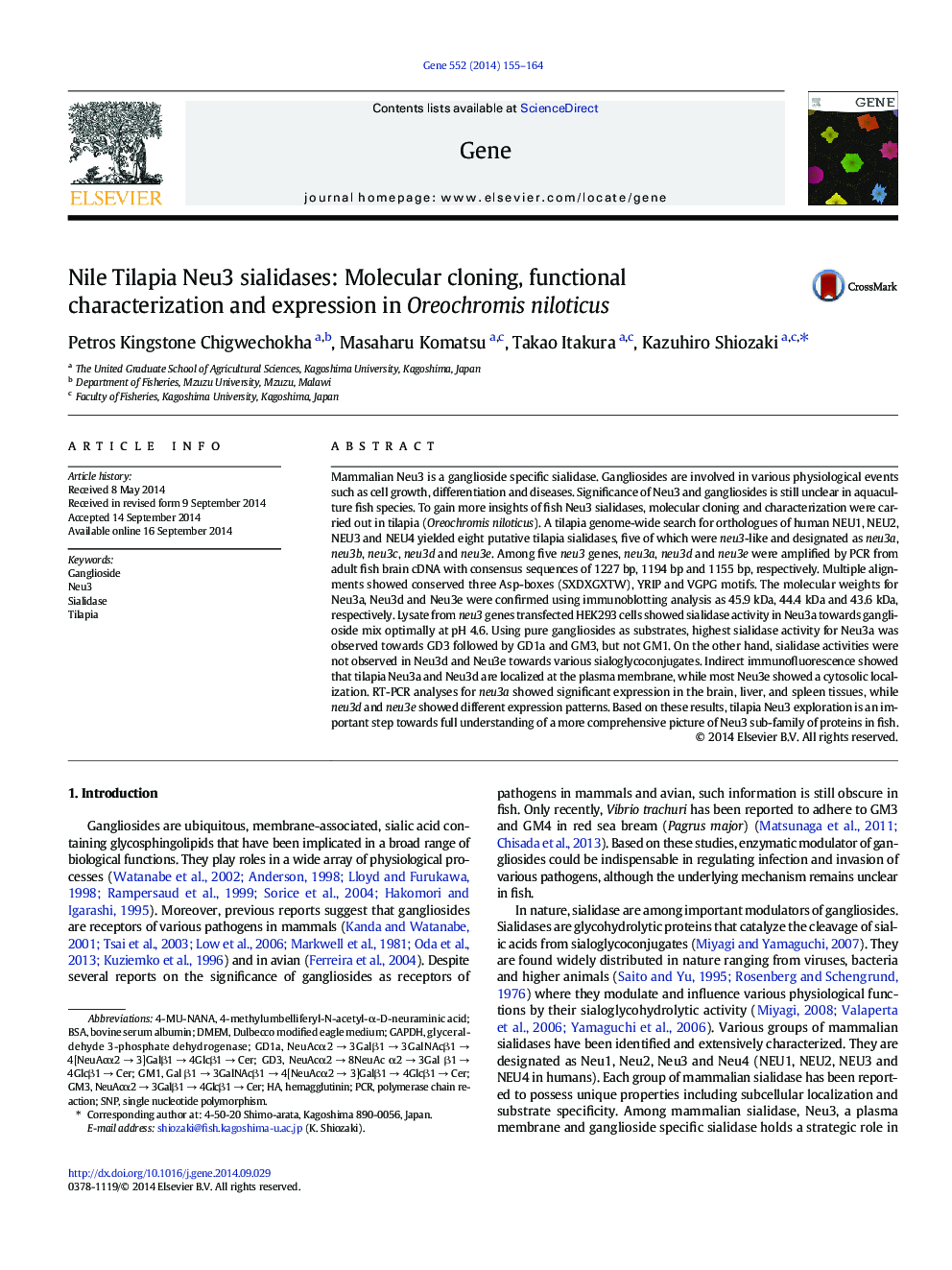 Nile Tilapia Neu3 sialidases: Molecular cloning, functional characterization and expression in Oreochromis niloticus