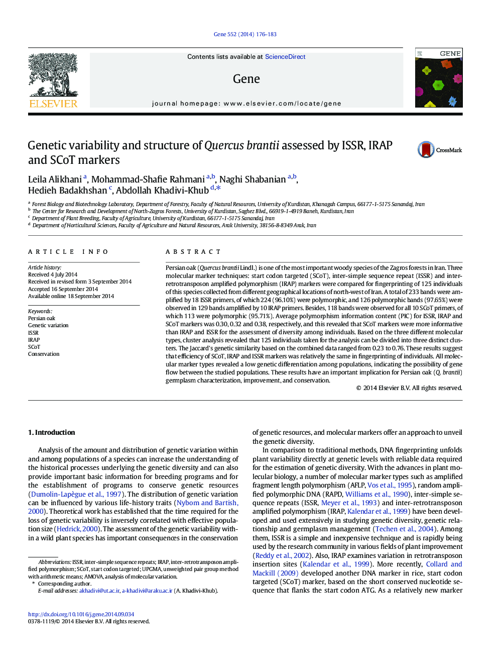 Genetic variability and structure of Quercus brantii assessed by ISSR, IRAP and SCoT markers