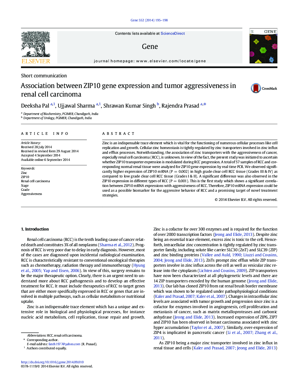 Association between ZIP10 gene expression and tumor aggressiveness in renal cell carcinoma