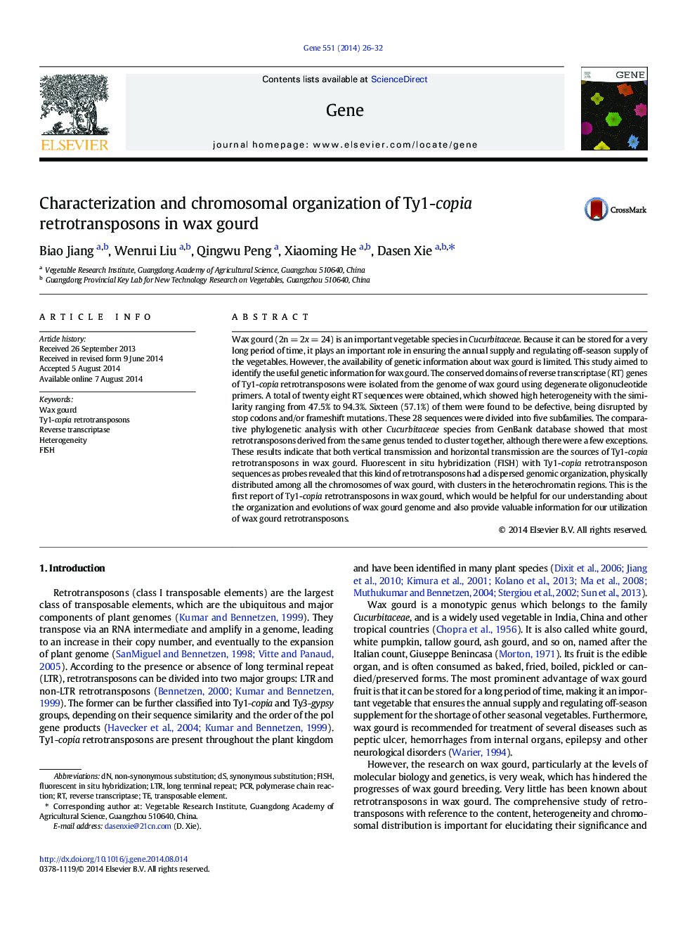 Characterization and chromosomal organization of Ty1-copia retrotransposons in wax gourd