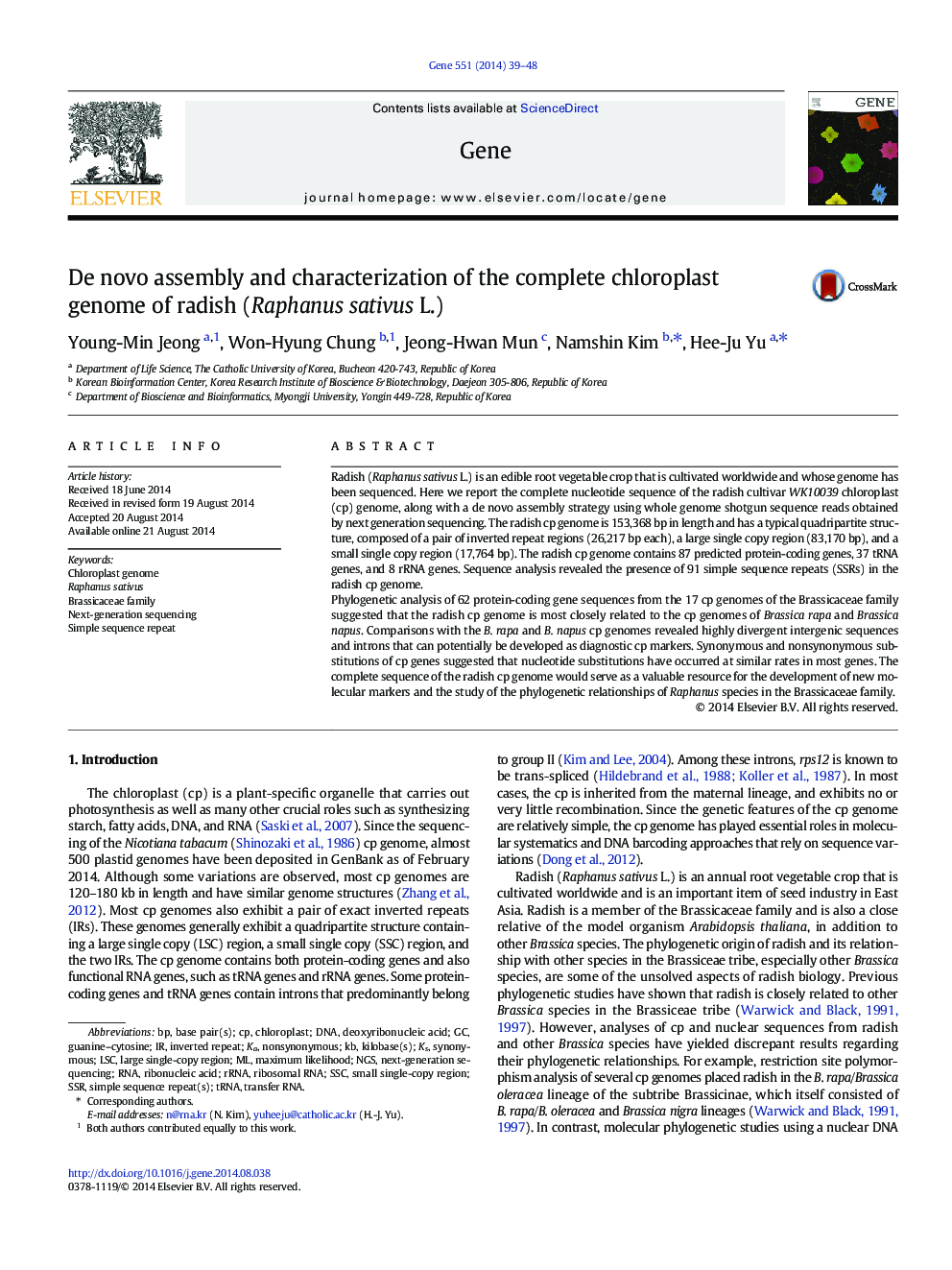 De novo assembly and characterization of the complete chloroplast genome of radish (Raphanus sativus L.)